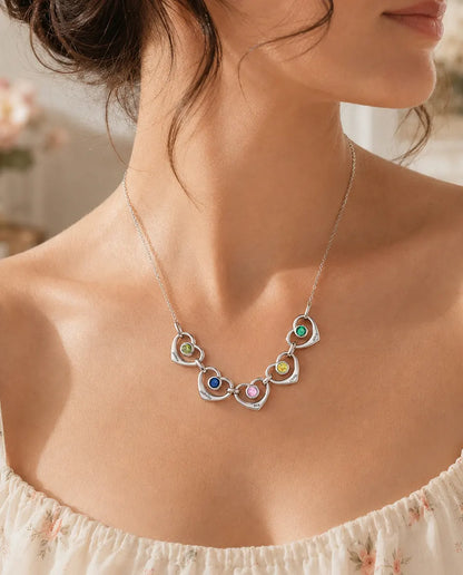 Personalized Family Birthstone Necklace With 1-6 Names - Linked Hearts With Simulated Birthstones, Silver