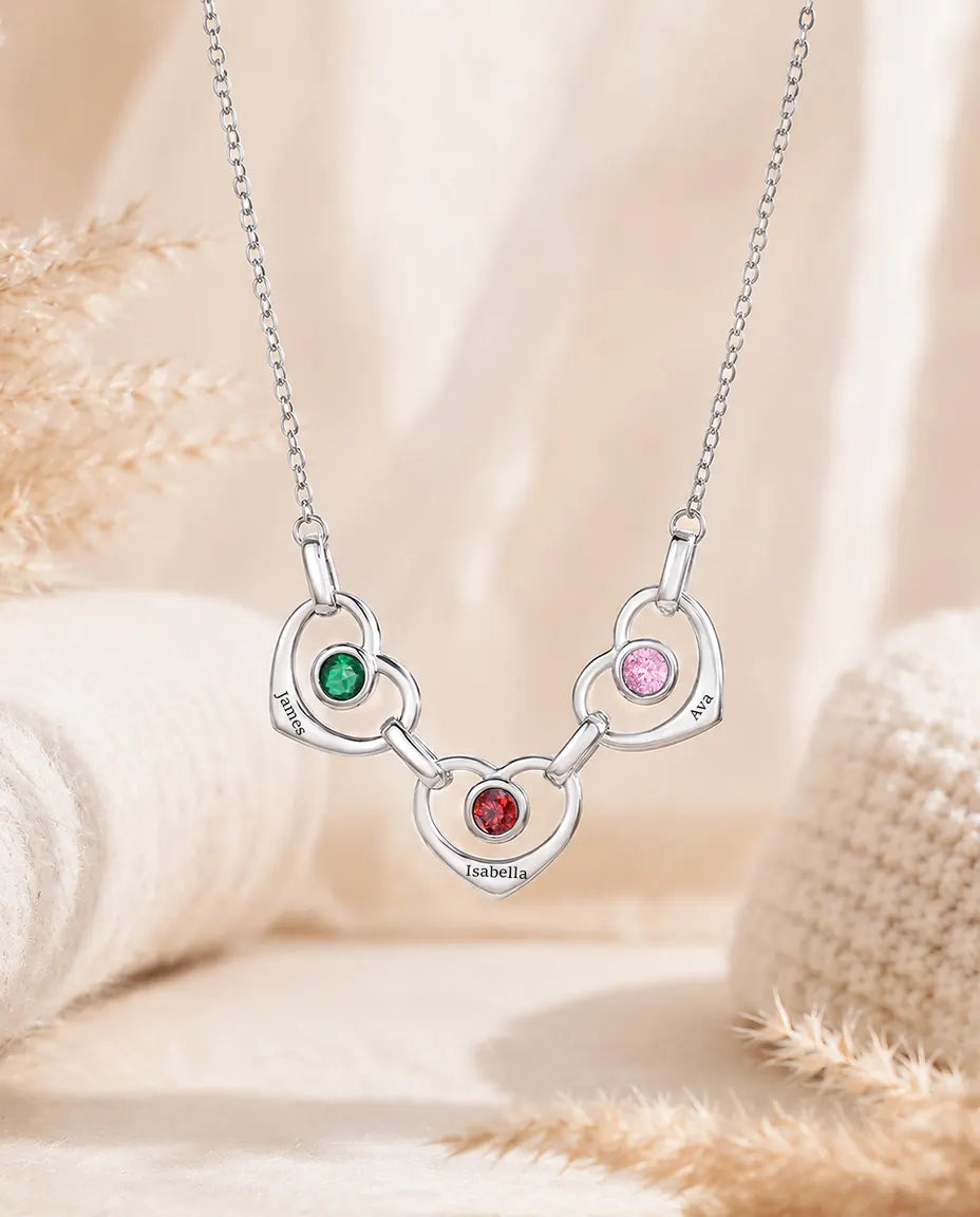Personalized Family Birthstone Necklace With 1-6 Names - Linked Hearts With Simulated Birthstones, Silver