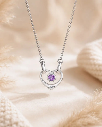 Personalized Family Birthstone Necklace With 1-6 Names - Linked Hearts With Simulated Birthstones, Silver