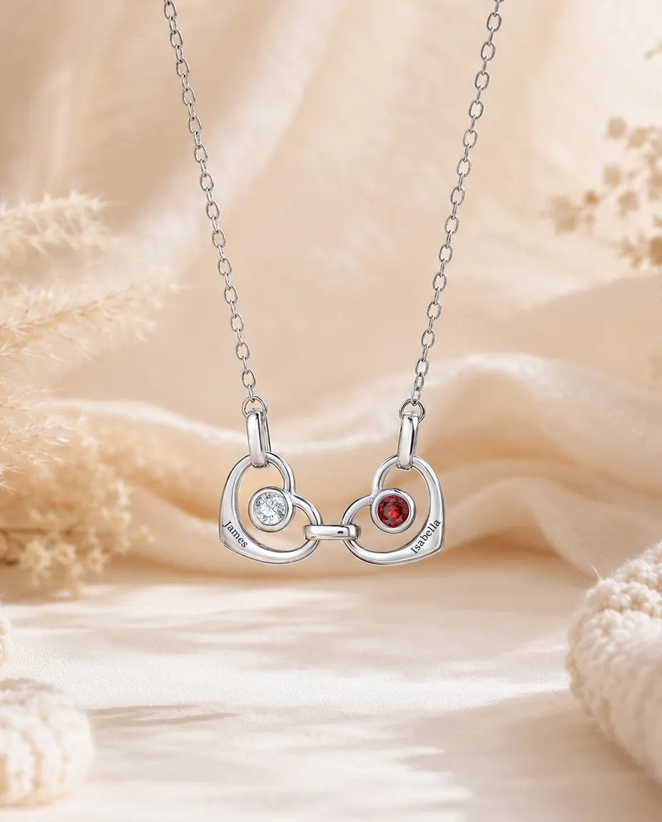 Personalized Family Birthstone Necklace With 1-6 Names - Linked Hearts With Simulated Birthstones, Silver