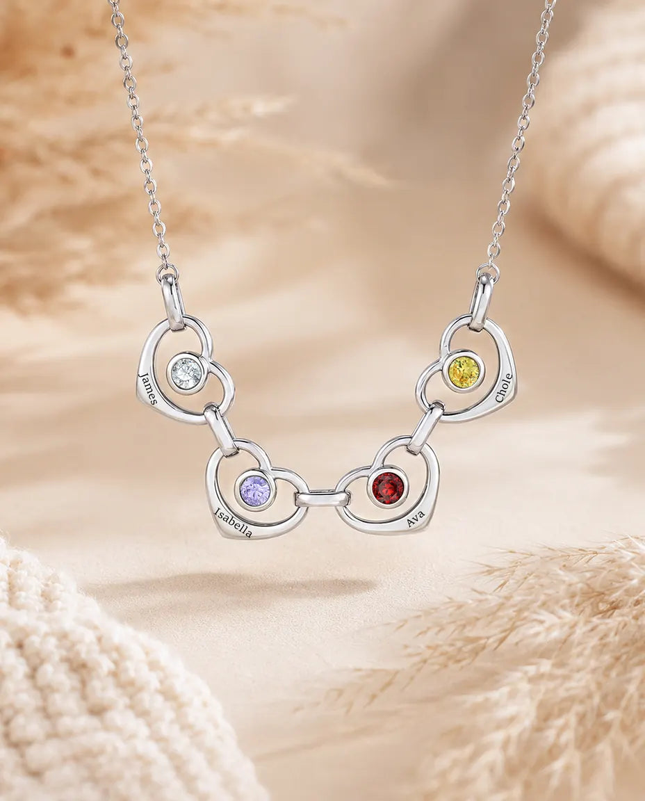 Personalized Family Birthstone Necklace With 1-6 Names - Linked Hearts With Simulated Birthstones, Silver