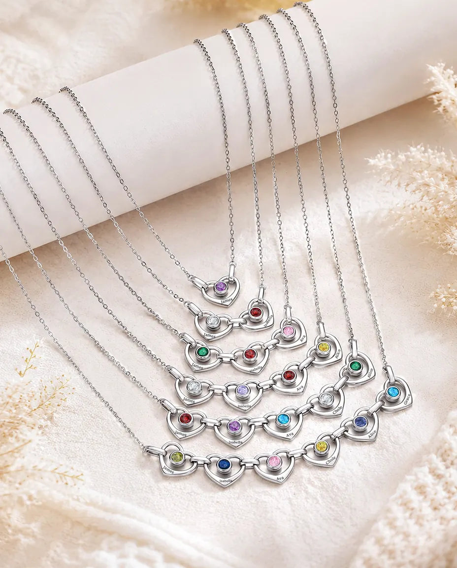 Personalized Family Birthstone Necklace With 1-6 Names - Linked Hearts With Simulated Birthstones, Silver