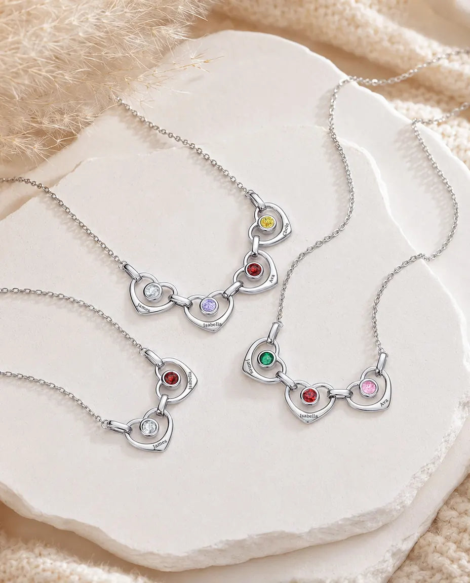 Personalized Family Birthstone Necklace With 1-6 Names - Linked Hearts With Simulated Birthstones, Silver