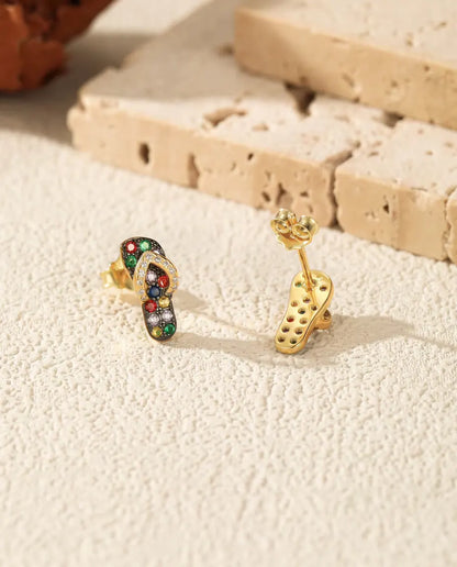 Flip Flop Stud Earrings - Multicolor Stone Sandals in 18K Gold Plated 925 Sterling Silver, Beach Jewelry