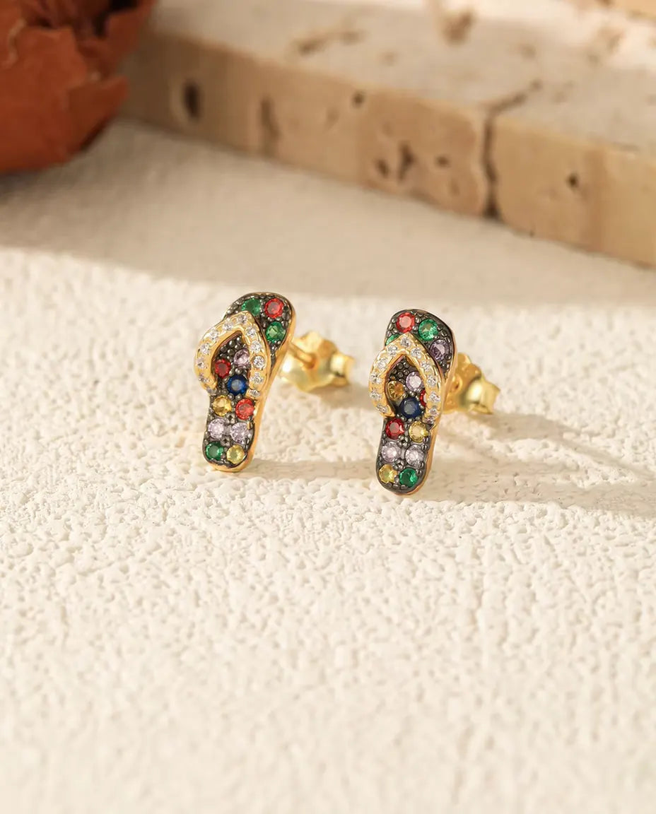 Flip Flop Stud Earrings - Multicolor Stone Sandals in 18K Gold Plated 925 Sterling Silver, Beach Jewelry
