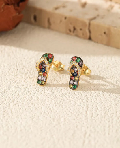 Flip Flop Stud Earrings - Multicolor Stone Sandals in 18K Gold Plated 925 Sterling Silver, Beach Jewelry