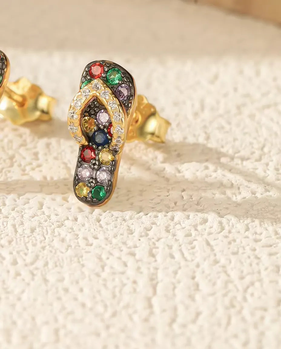 Flip Flop Stud Earrings - Multicolor Stone Sandals in 18K Gold Plated 925 Sterling Silver, Beach Jewelry