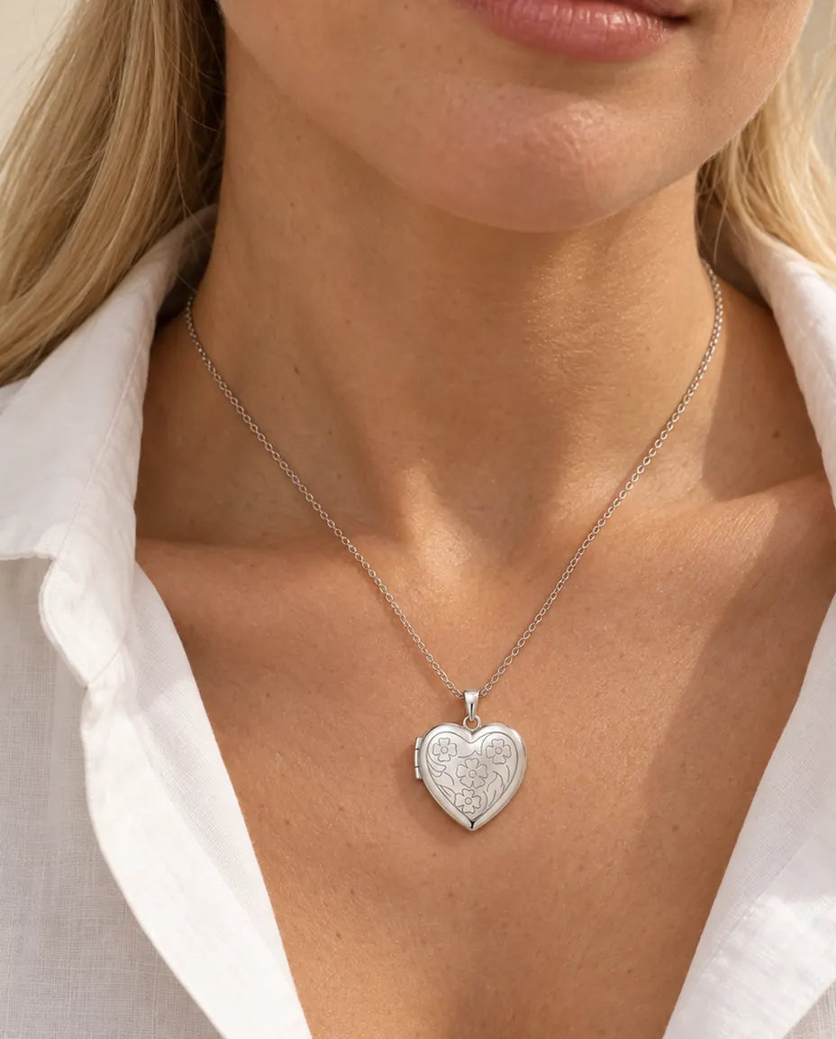 Personalized Photo Locket Necklace That Holds 2 Pictures - Floral Carved Heart Locket With Mother of Pearl Back worn on a model
