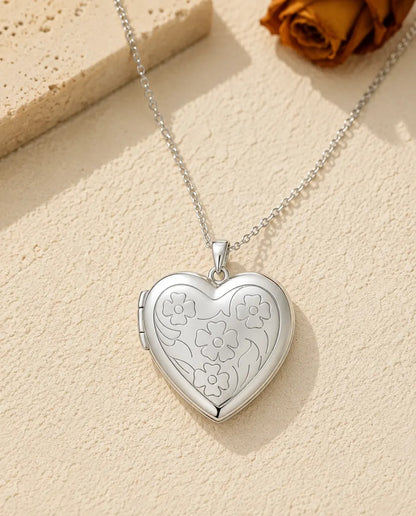 Personalized Photo Locket Necklace That Holds 2 Pictures - Floral Carved Heart Locket With Mother of Pearl Back, Silver or Gold