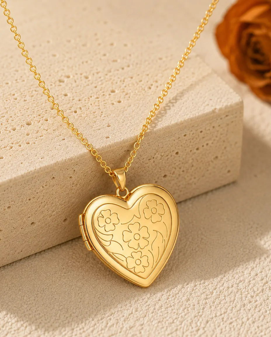 Personalized Photo Locket Necklace That Holds 2 Pictures - Floral Carved Heart Locket With Mother of Pearl Back, Silver or Gold