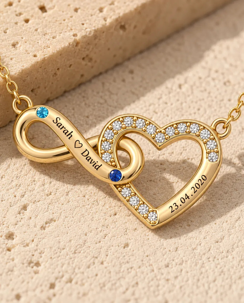 Personalized Birthstone Necklace With 2 Names And Date - Gold Infinity Heart With Two Simulated Birthstones