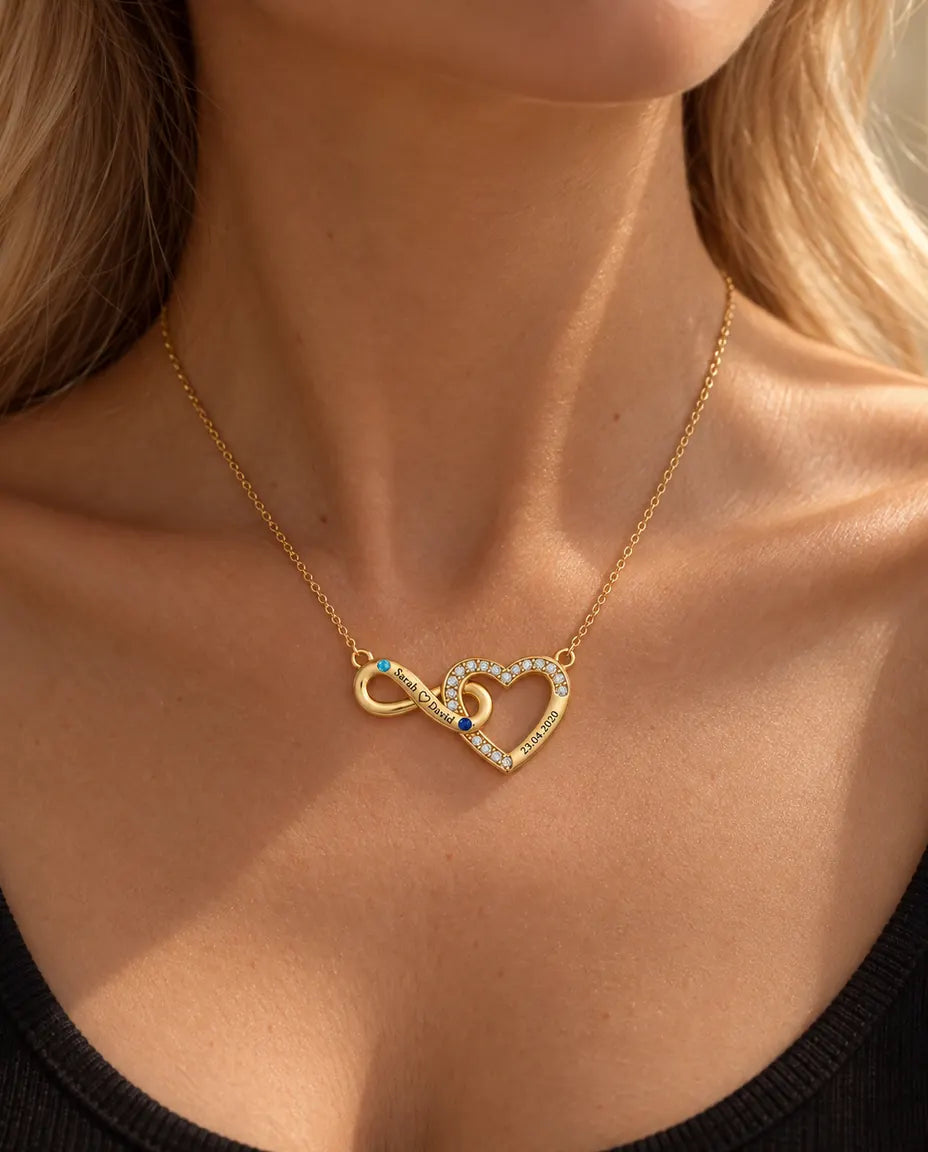 Personalized Birthstone Necklace With 2 Names And Date - Gold Infinity Heart With Two Simulated Birthstones