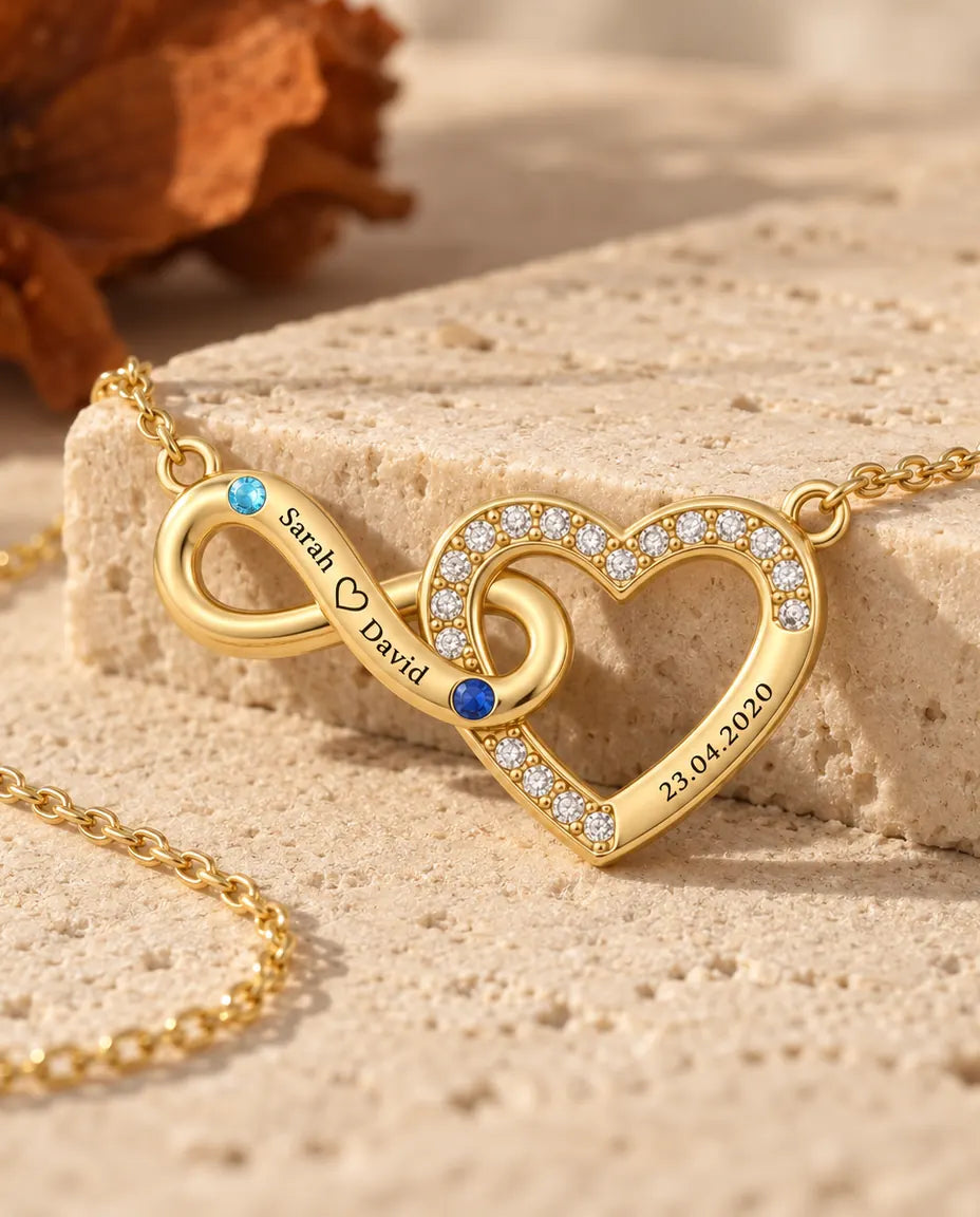 Personalized Birthstone Necklace With 2 Names And Date - Gold Infinity Heart With Two Simulated Birthstones