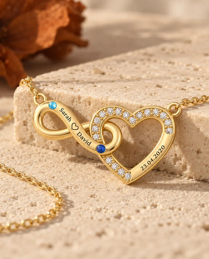 Personalized Birthstone Necklace With 2 Names And Date - Gold Infinity Heart With Two Simulated Birthstones