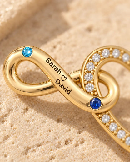 Personalized Birthstone Necklace With 2 Names And Date - Gold Infinity Heart With Two Simulated Birthstones