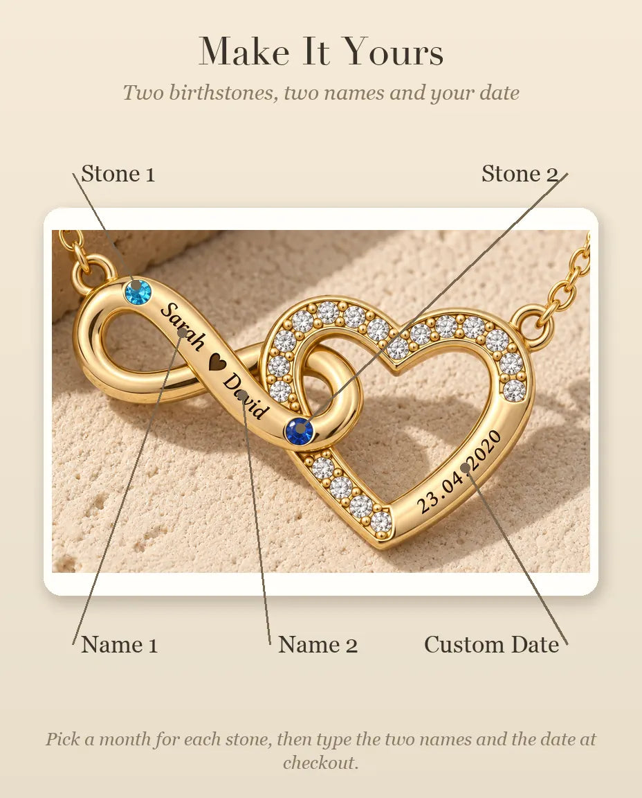 Personalized Birthstone Necklace With 2 Names And Date - Gold Infinity Heart With Two Simulated Birthstones
