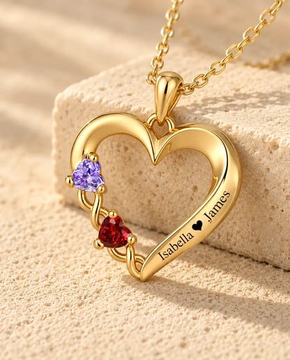 Personalized Birthstone Necklace With 2 Names - Gold Open Heart Pendant With Two Heart Simulated Birthstones