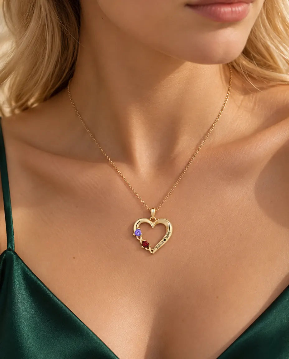 Personalized Birthstone Necklace With 2 Names - Gold Open Heart Pendant With Two Heart Simulated Birthstones