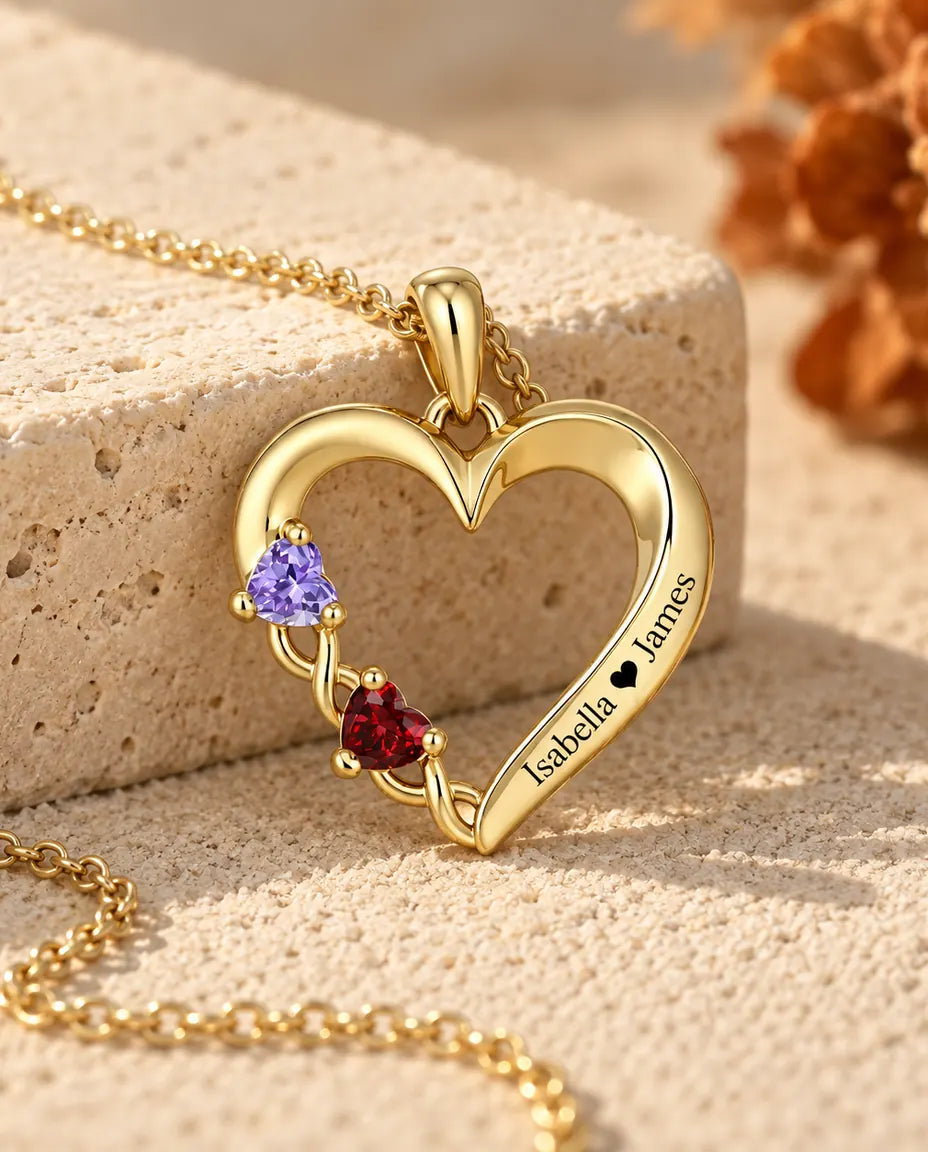Personalized Birthstone Necklace With 2 Names - Gold Open Heart Pendant With Two Heart Simulated Birthstones