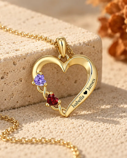 Personalized Birthstone Necklace With 2 Names - Gold Open Heart Pendant With Two Heart Simulated Birthstones