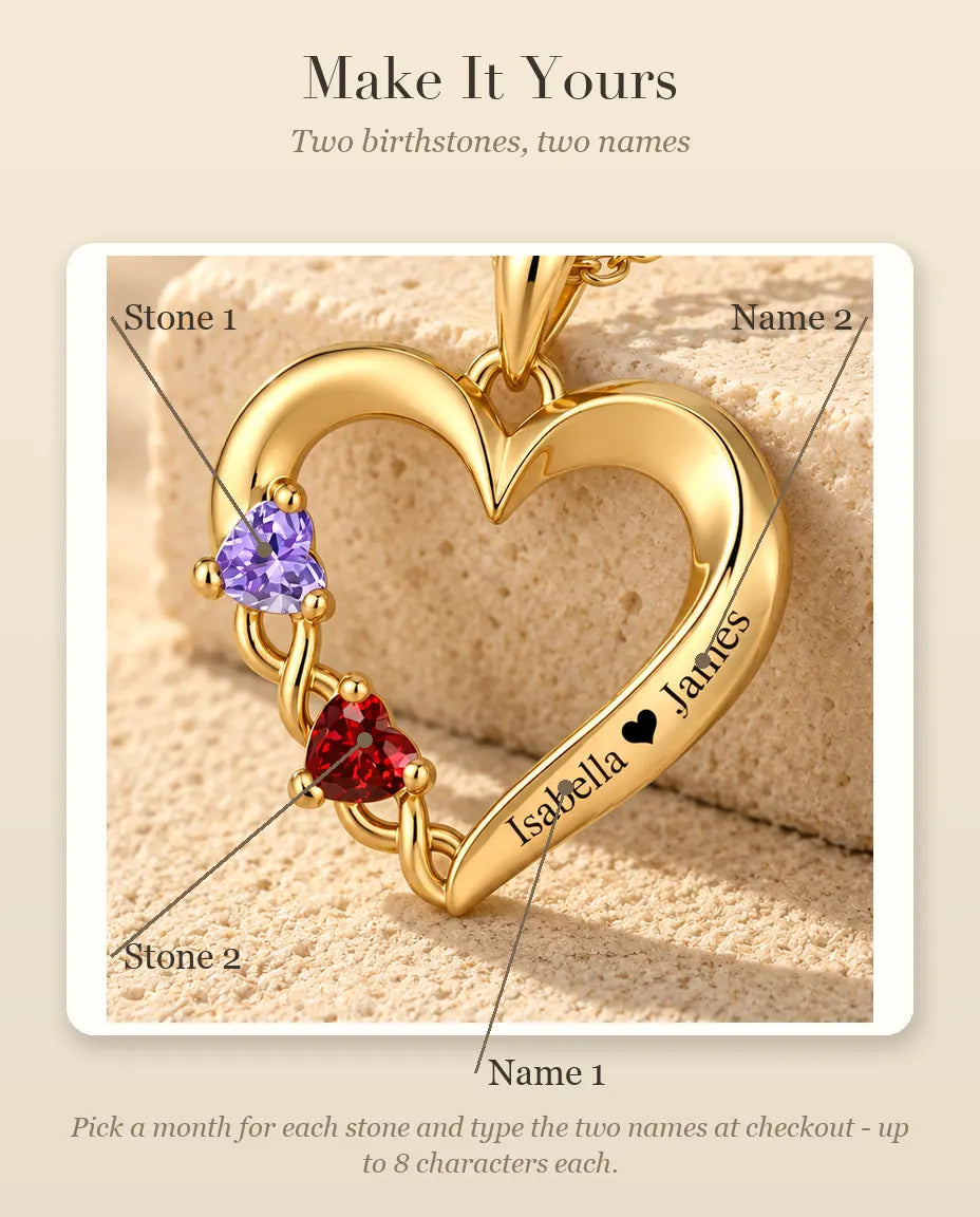 Personalized Birthstone Necklace With 2 Names - Gold Open Heart Pendant With Two Heart Simulated Birthstones
