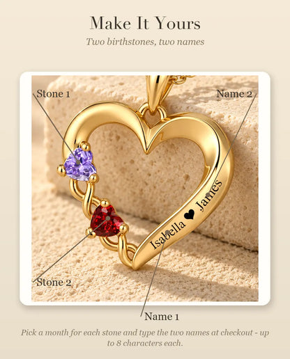 Personalized Birthstone Necklace With 2 Names - Gold Open Heart Pendant With Two Heart Simulated Birthstones