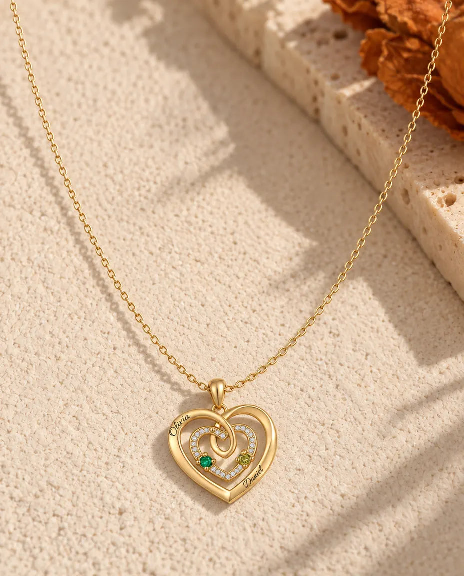 Personalized Birthstone Necklace With 2 Names - Gold Triple Heart Pendant With Two Simulated Birthstones