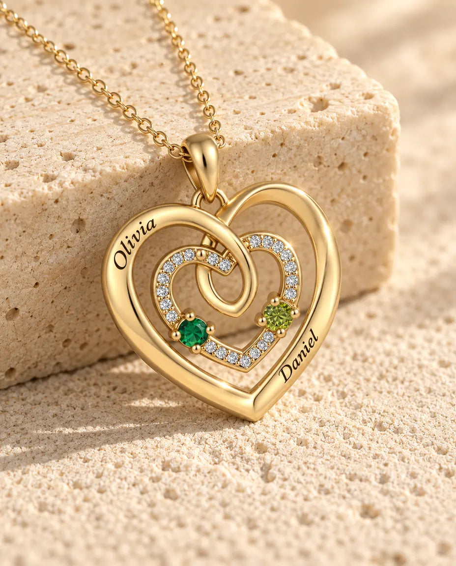 Personalized Birthstone Necklace With 2 Names - Gold Triple Heart Pendant With Two Simulated Birthstones