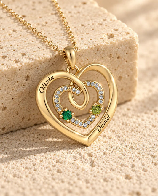 Personalized Birthstone Necklace With 2 Names - Gold Triple Heart Pendant With Two Simulated Birthstones