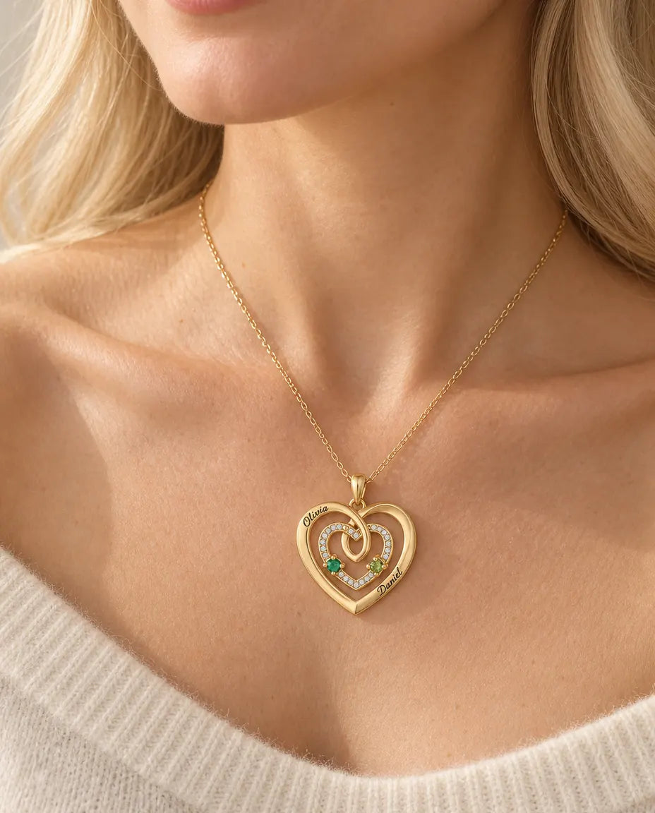 Personalized Birthstone Necklace With 2 Names - Gold Triple Heart Pendant With Two Simulated Birthstones