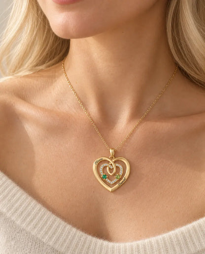 Personalized Birthstone Necklace With 2 Names - Gold Triple Heart Pendant With Two Simulated Birthstones