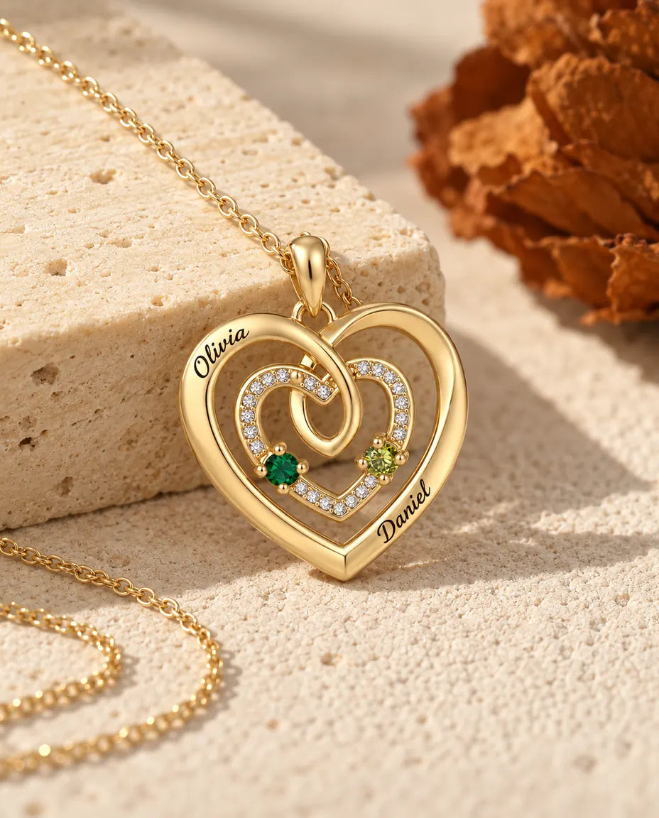 Personalized Birthstone Necklace With 2 Names - Gold Triple Heart Pendant With Two Simulated Birthstones