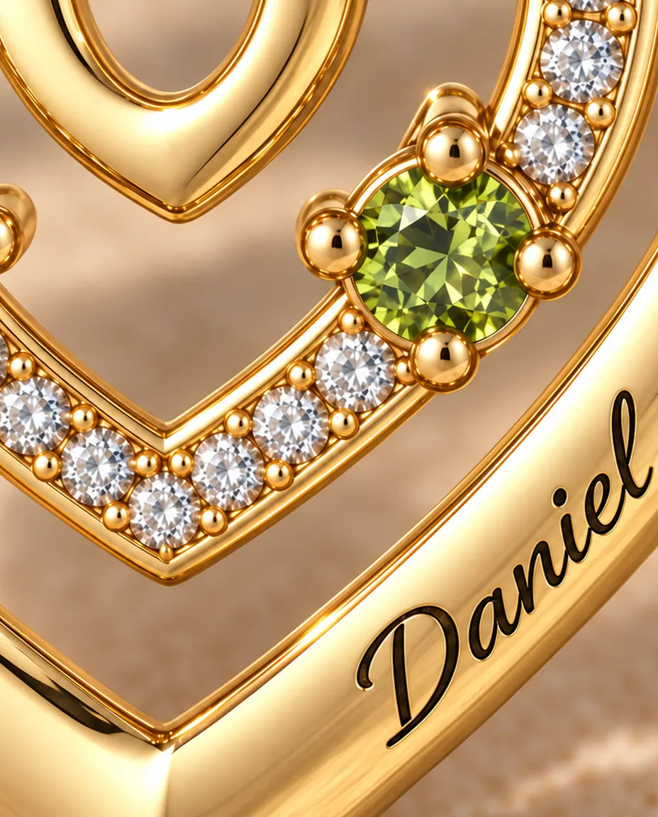 Personalized Birthstone Necklace With 2 Names - Gold Triple Heart Pendant With Two Simulated Birthstones