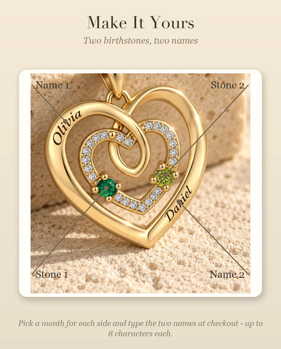 Personalized Birthstone Necklace With 2 Names - Gold Triple Heart Pendant With Two Simulated Birthstones
