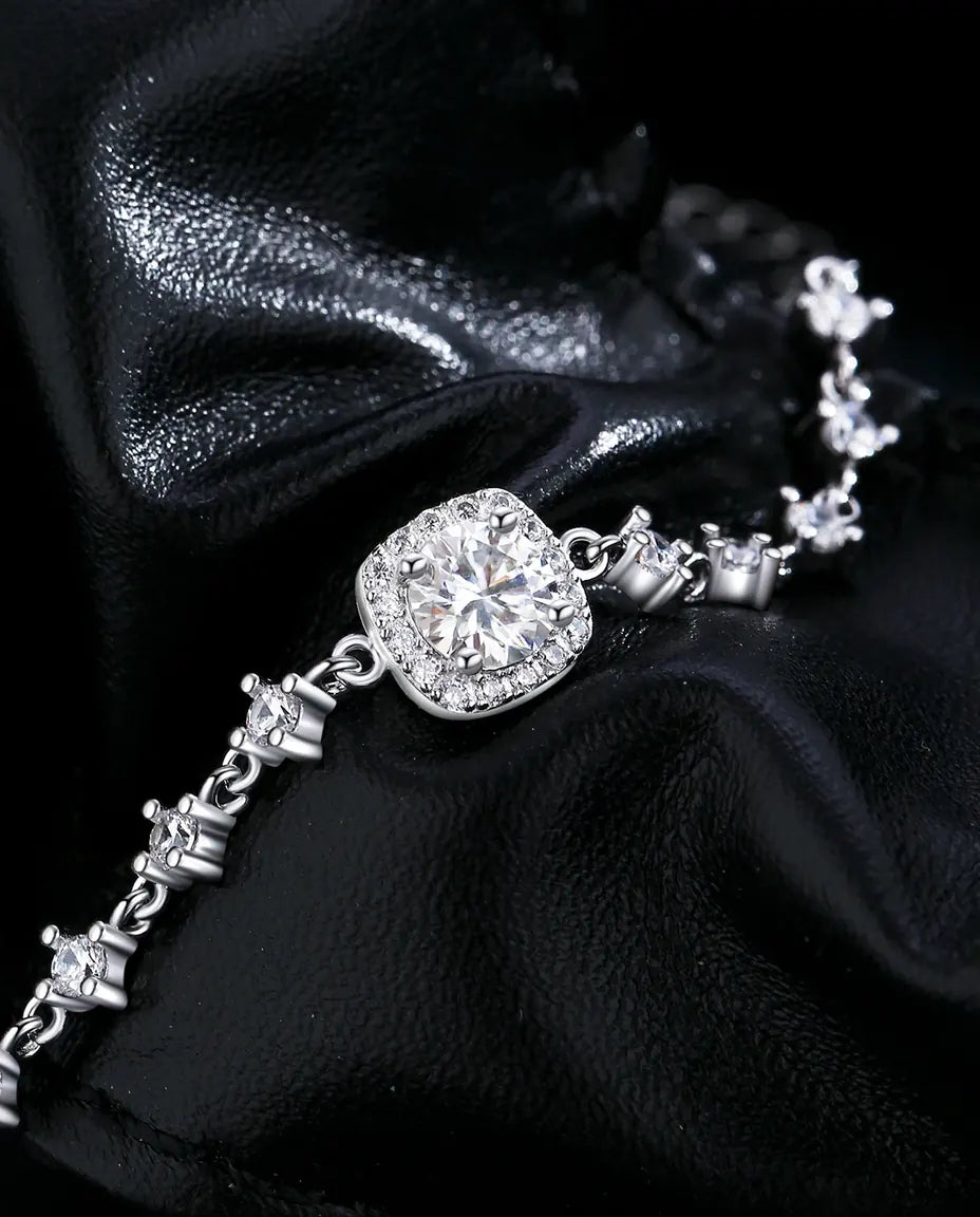 Halo moissanite bracelet, 0.8ct D color cushion stone, 925 sterling silver
