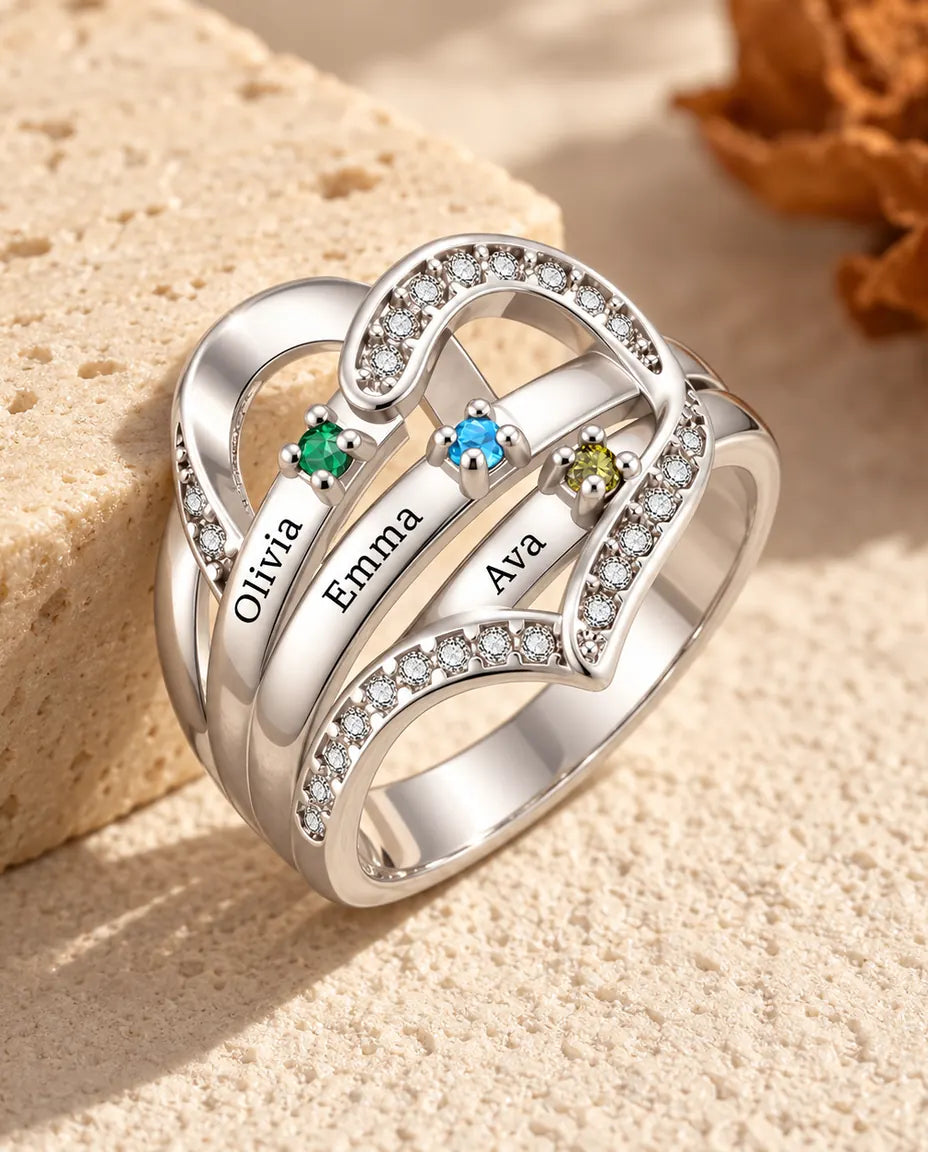 Personalized Heart Birthstone Ring With 3-4 Names and Inside Engraving - Family Ring With Engraved Names and Simulated Birthstones, Silver