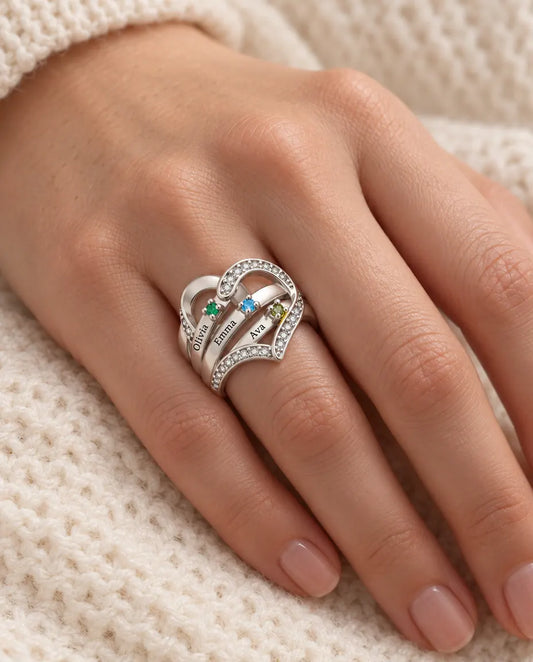 Personalized Heart Birthstone Ring With 3-4 Names and Inside Engraving - Family Ring With Engraved Names and Simulated Birthstones, Silver