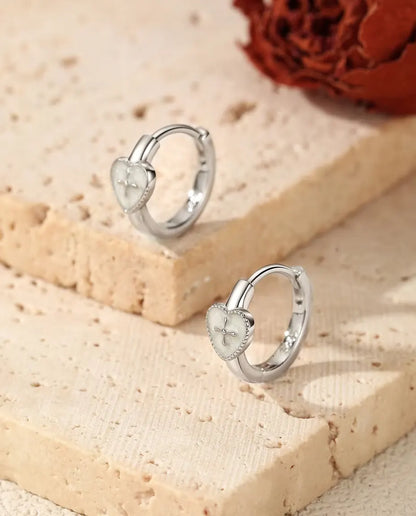 Heart Cross Huggie Earrings - Pearl White Hearts with Raised Cross, 12.5 mm Hinged 925 Sterling Silver Hoops