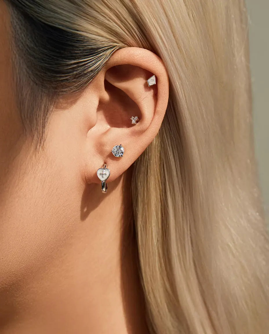 Heart Cross Huggie Earrings - Pearl White Hearts with Raised Cross, 12.5 mm Hinged 925 Sterling Silver Hoops