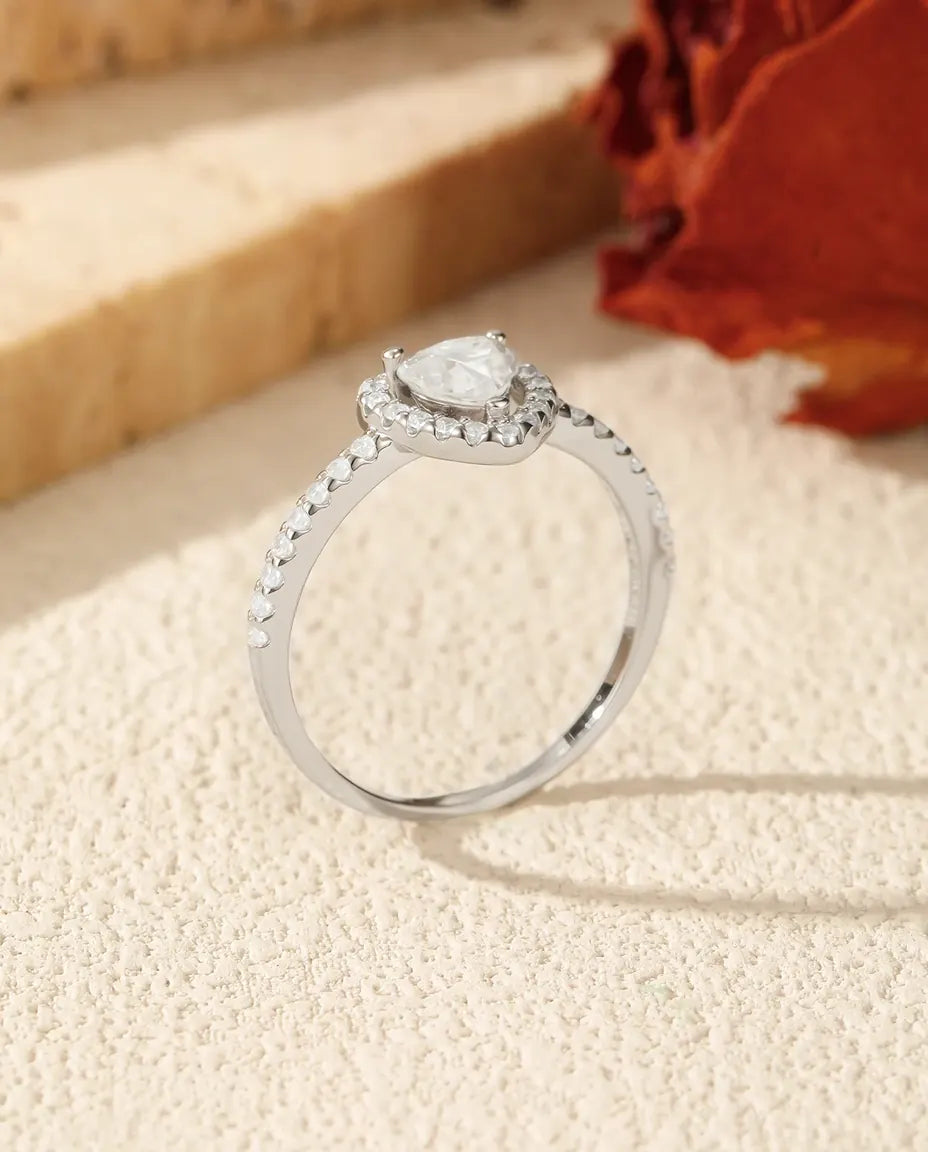 Heart halo moissanite promise ring in 925 sterling silver with 0.5 ct heart cut center