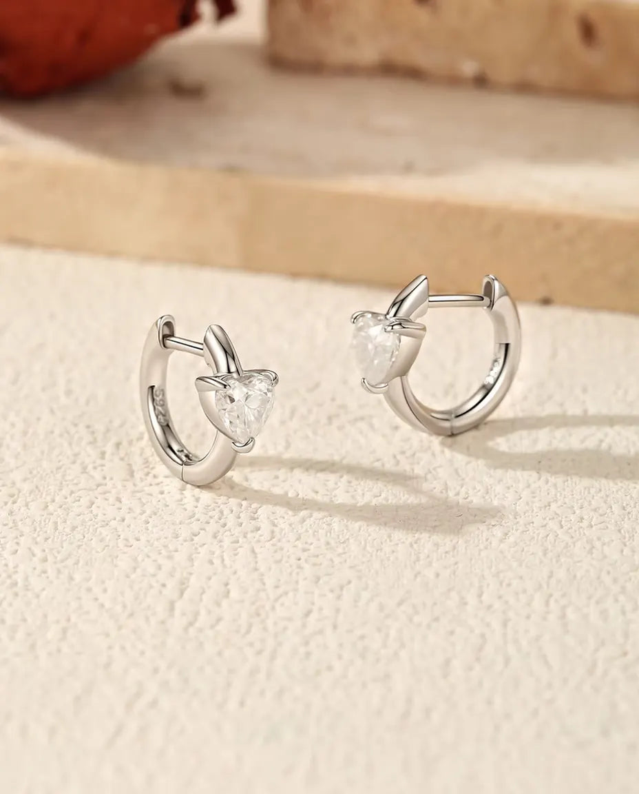 Heart Moissanite Huggie Earrings - 0.50 ct D Color Heart per Earring, 12 mm Hinged Hoops, 925 Sterling Silver, 2.30 g Pair