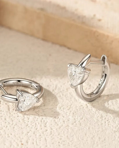 Heart Moissanite Huggie Earrings - 0.50 ct D Color Heart per Earring, 12 mm Hinged Hoops, 925 Sterling Silver, 2.30 g Pair