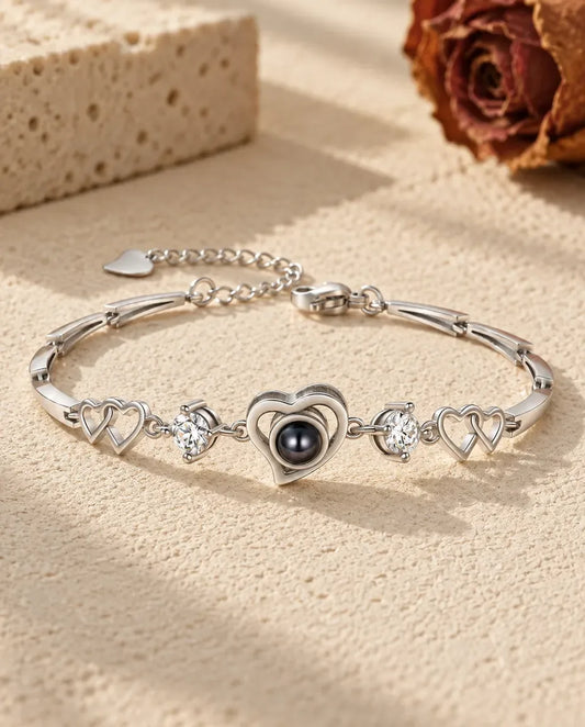 Photo Projection Bracelet with Picture Inside for Her - front view in silver