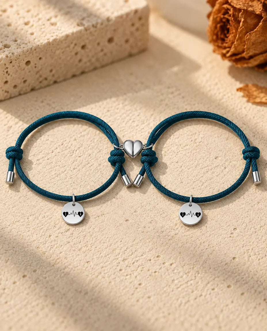 Heartbeat Initial Matching Bracelets for Couples - matching pair laid flat