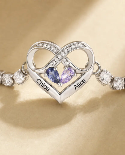 Personalized Birthstone Bracelet With 2 Names - Infinity Heart Tennis Bracelet With Two Simulated Birthstones, Adjustable