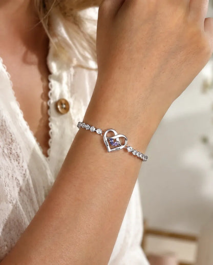 Personalized Birthstone Bracelet With 2 Names - Infinity Heart Tennis Bracelet With Two Simulated Birthstones, Adjustable