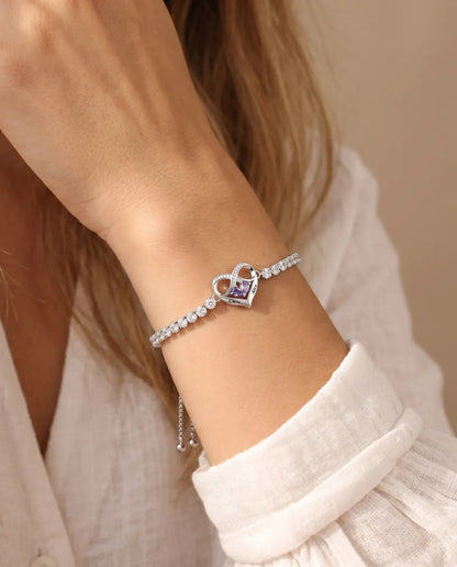 Personalized Birthstone Bracelet With 2 Names - Infinity Heart Tennis Bracelet With Two Simulated Birthstones, Adjustable