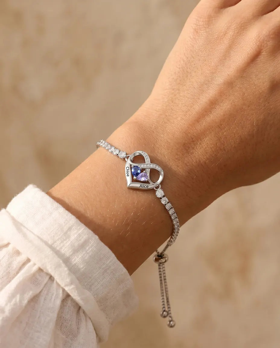 Personalized Birthstone Bracelet With 2 Names - Infinity Heart Tennis Bracelet With Two Simulated Birthstones, Adjustable
