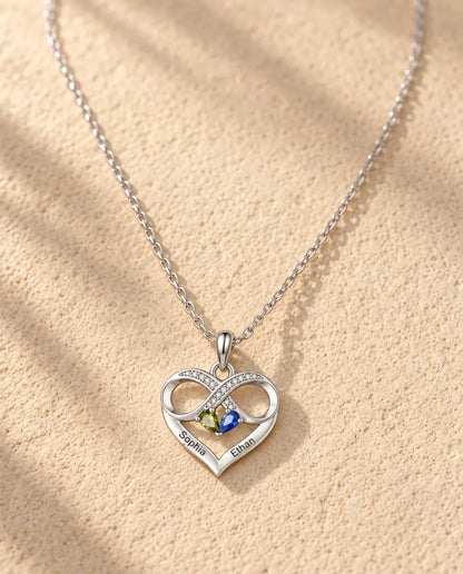 Personalized Birthstone Necklace With 2 Names - Infinity Heart Pendant With Two Pear Simulated Birthstones, Silver