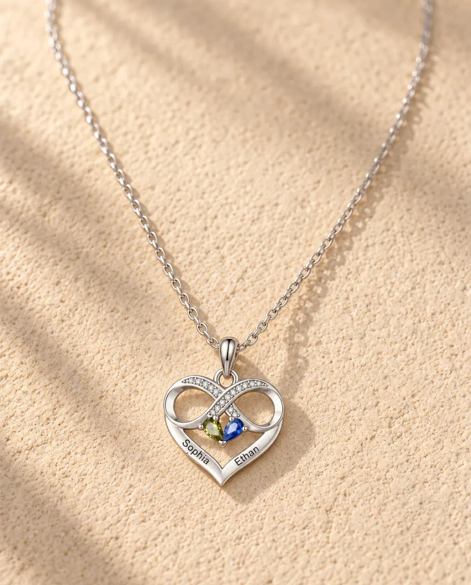 Personalized Birthstone Necklace With 2 Names - Infinity Heart Pendant With Two Pear Simulated Birthstones, Silver